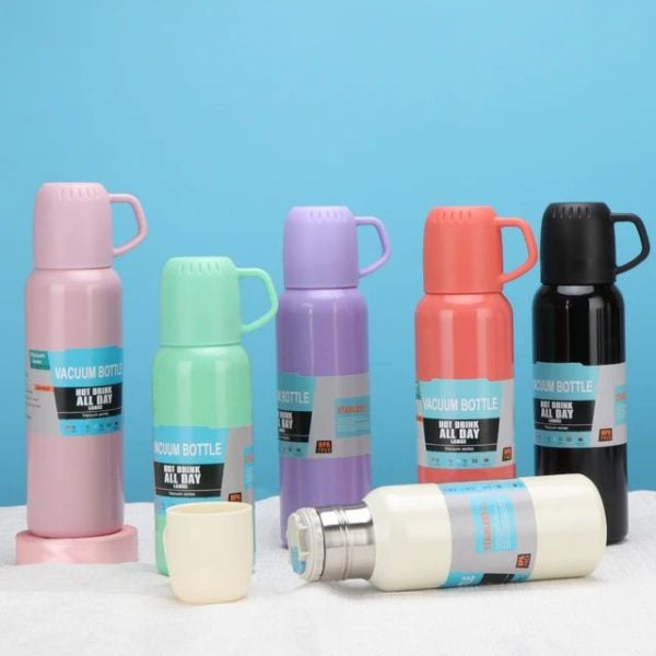 New Shape Vacuum Flask Stainless Steel Bottle With 2 Cups And Gift Box 550 Ml (direct Sip Option)