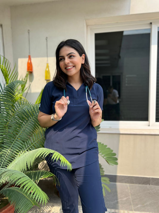 Cotton Edit: Female Collar Tunic Navy Blue with Jogger Trousers (Small)