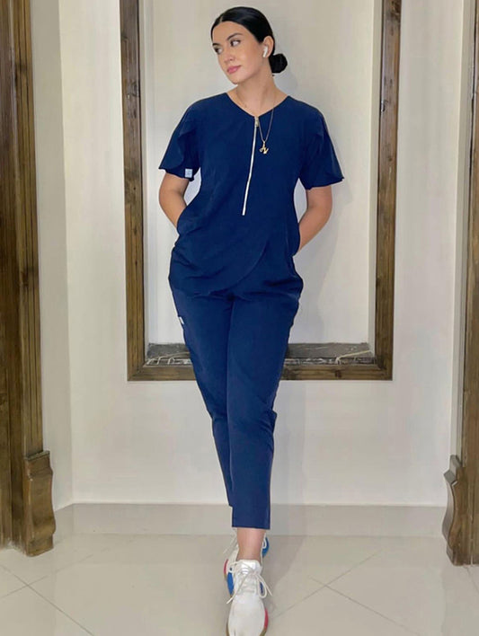 Cotton Edit: Female Tulip Zipper Navy Blue with Straight Trousers (Small)